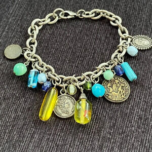 Charm Bracelet with British Empire  Coins and Art Glass Murano Beads